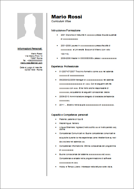 curriculum vitae da compilare italiano