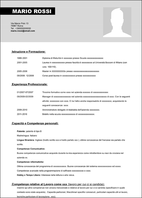 Modello Curriculum Vitae da Compilare