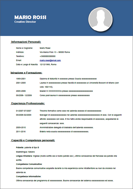 moduli per curriculum vitae da stampare